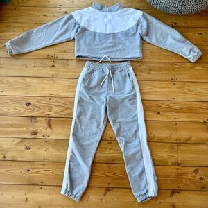 Gray and White Tracksuit Set with Drawstring ties on top and Bottom.